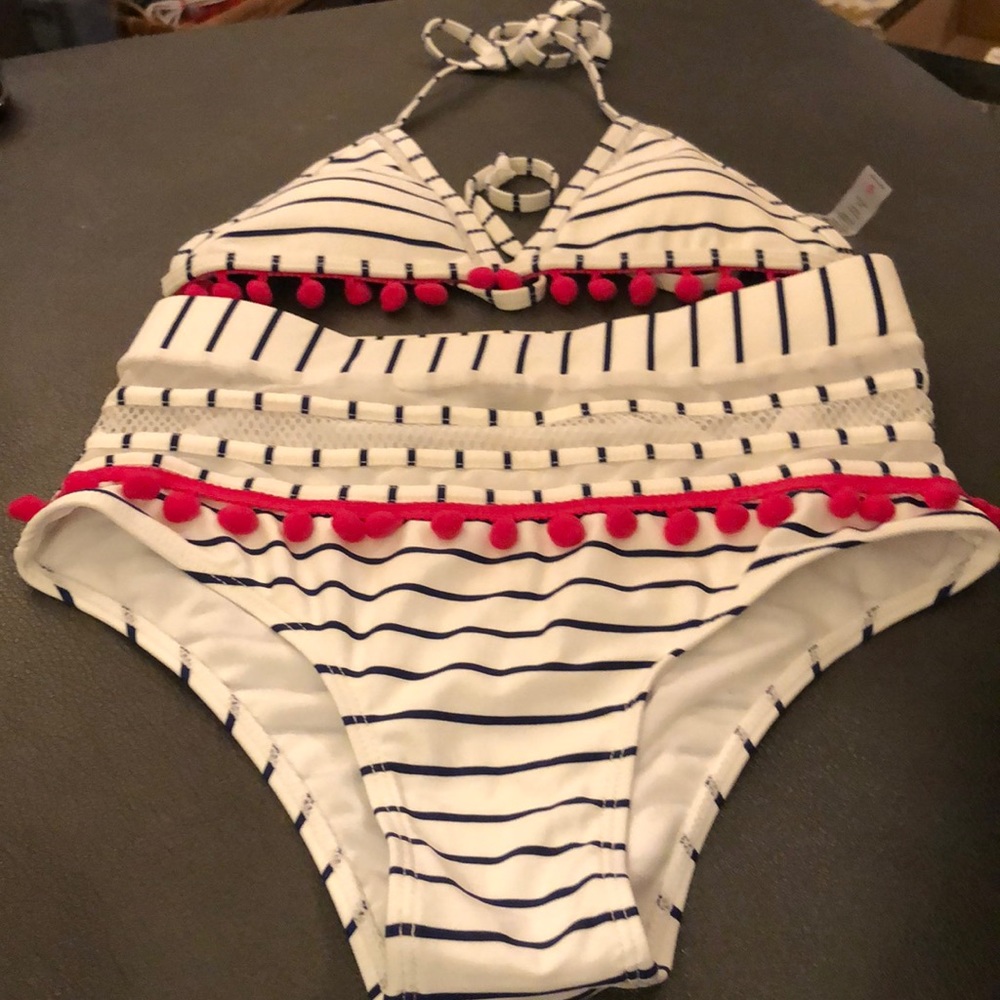 Blue & White Swimsuit with Pink